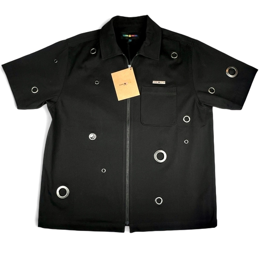 NWT Teddy Fresh Men's Med Zip-Front Cotton Short Sleeve Grommet Shirt $89 MSRP